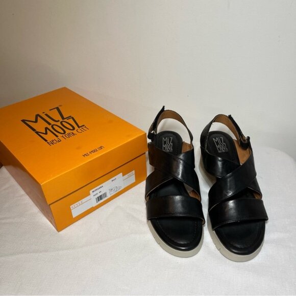 New MIZ MOOZ Black Leather Wedge Sandals Size 9 or 40 - Picture 3 of 7